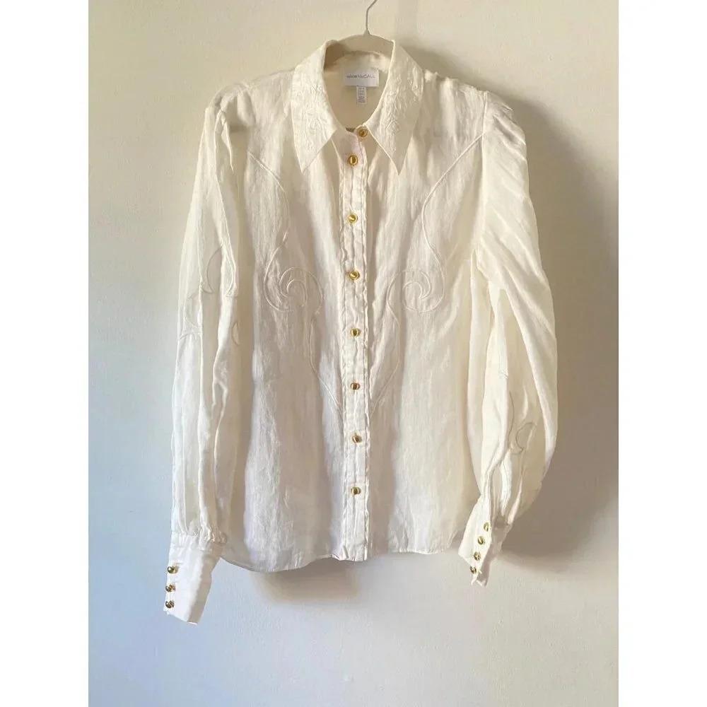 REVOLVE Cream Puff Sleeve Embroidered Button-Up Blouse